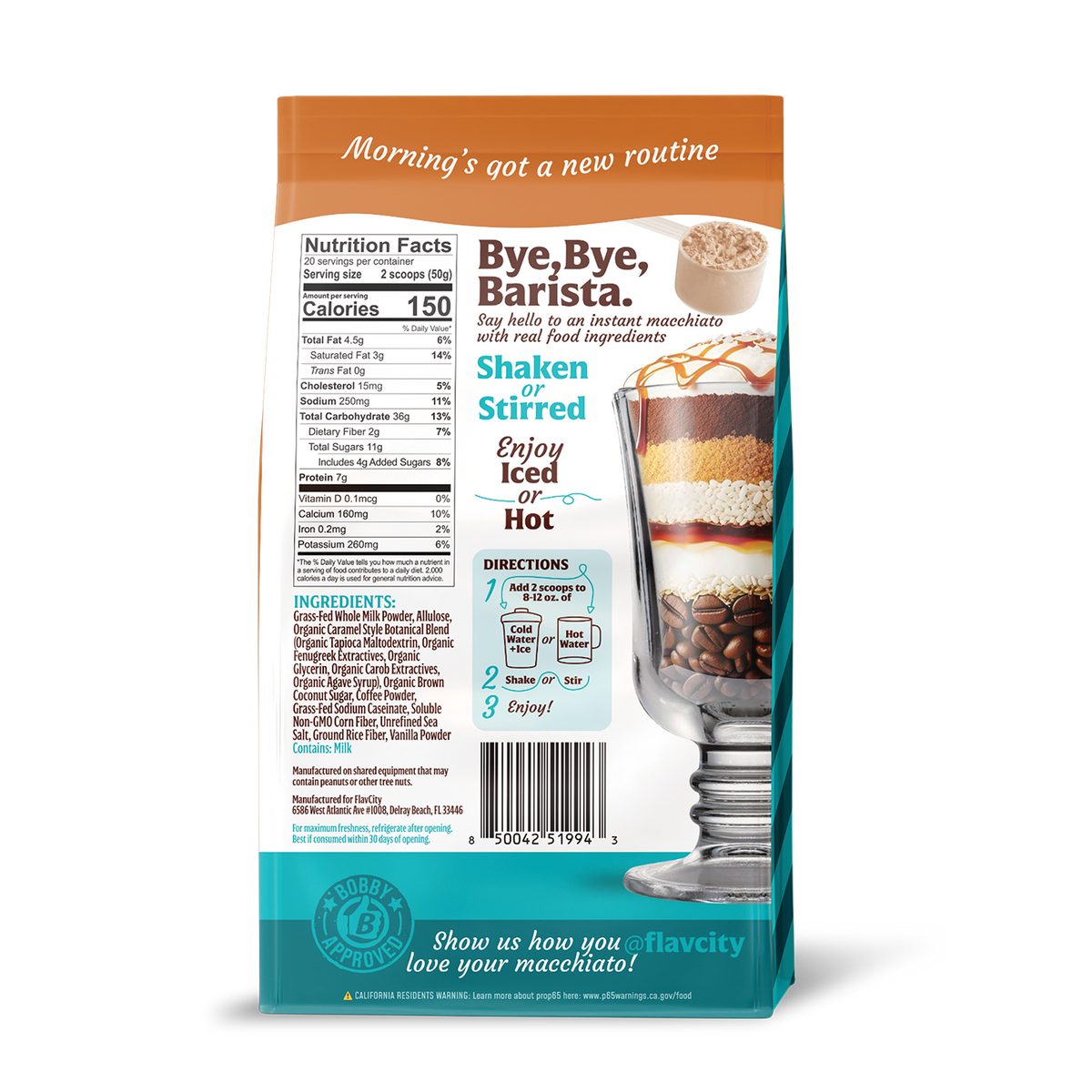 Back of the Package of Flavcity Salted Caramel Macchiato product with nutritional information and ingredients listed