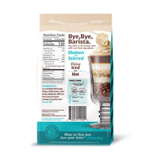 Back of a Flavacity Cafe Vanilla Latte package with nutritional information, ingredients, and usage instructions.