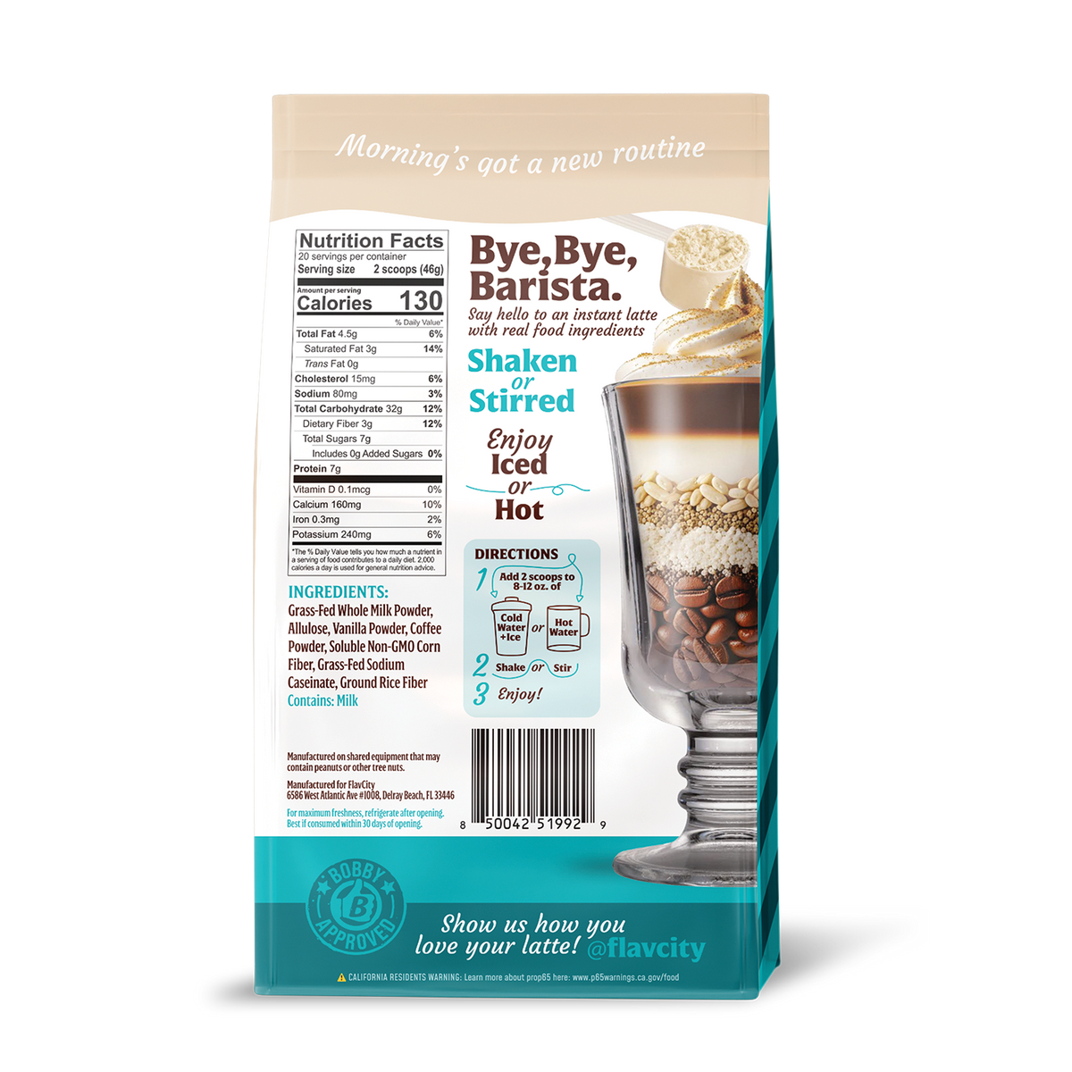 Back of a Flavacity Cafe Vanilla Latte package with nutritional information, ingredients, and usage instructions.
