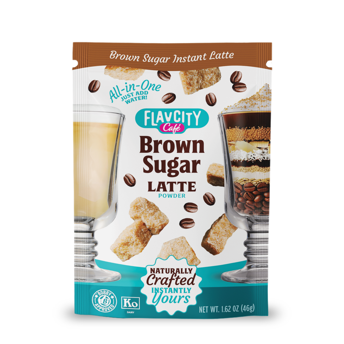 A packet from the FlavCity Cafe Latte Variety Pack features images of lattes, brown sugar cubes, coffee beans, and parfaits, with packaging that states “All-in-One, Just Add Water!” and “Naturally Crafted Instantly Yours.”.