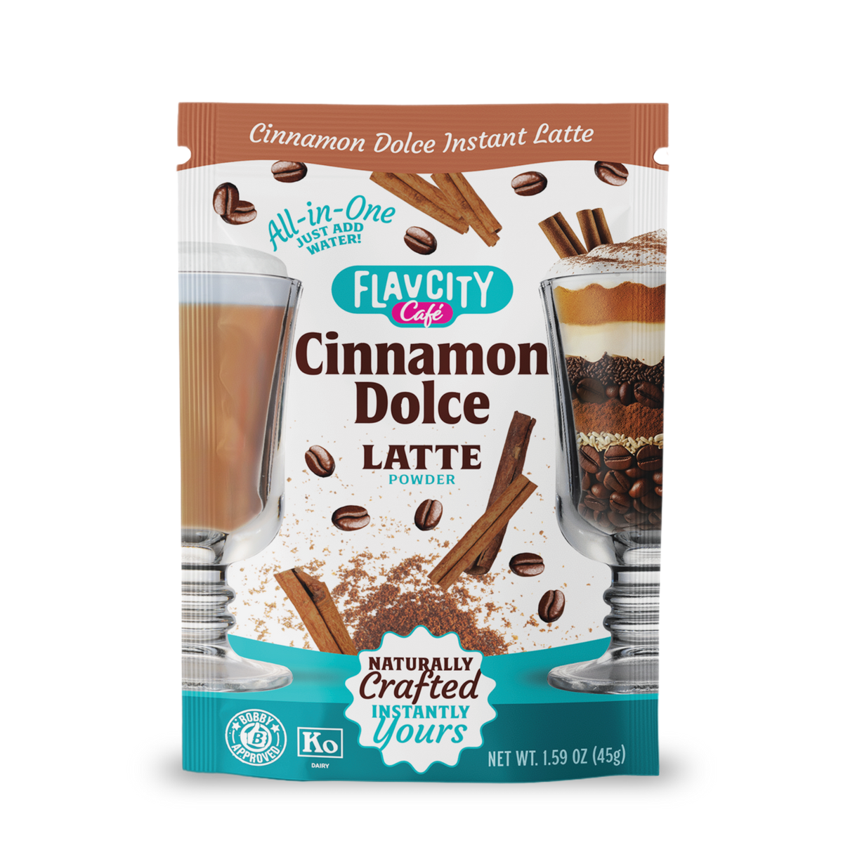 A packet of FlavCity Cafe Latte Variety Pack is shown. The packaging features single-serving packets and images of lattes, cinnamon sticks, and coffee beans, ideal for making indulgent lattes anytime.