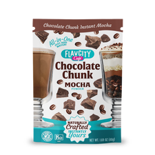 A single-serving Chocolate Chunk Mocha powder from the FlavCity Cafe Latte Variety Pack, featuring images of chocolate drinks and coffee—perfect for creating indulgent lattes anytime.