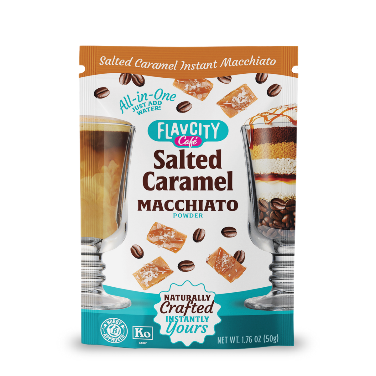 A FlavCity Café Latte Variety Pack, showcasing indulgent latte imagery—caramel, coffee beans, and macchiato—features All-in-One, Just Add Water convenience and single-serving packets for instant enjoyment.