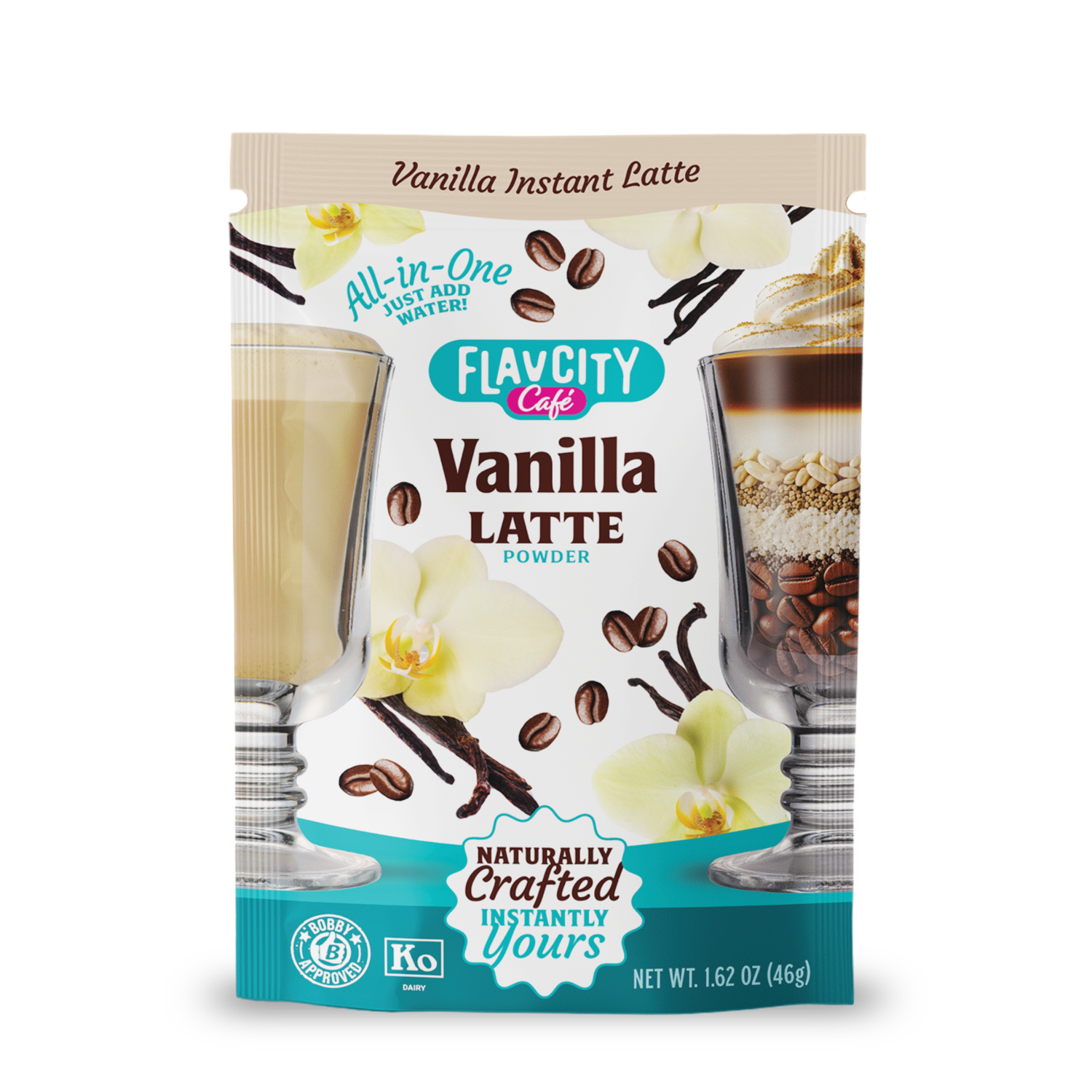 A package of FlavCity Cafe Latte Variety Pack features vanilla flowers, coffee beans, and two latte glasses. The text highlights it as an all-in-one, instant latte assortment in single-serving packets for indulgent, naturally crafted lattes.