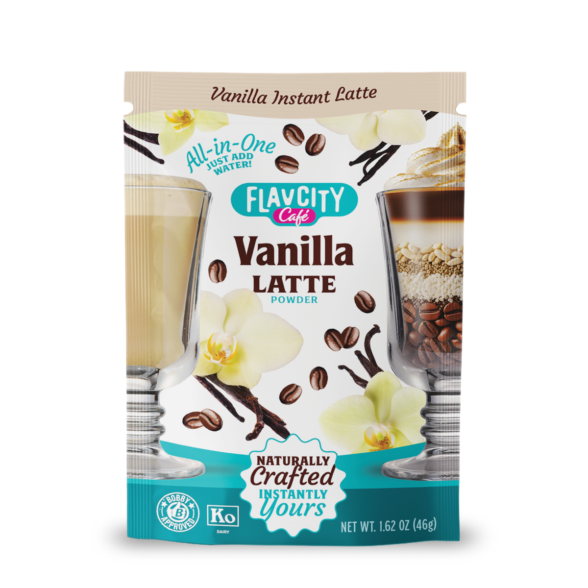 A package of FlavCity Cafe Latte Variety Pack features vanilla flowers, coffee beans, and two latte glasses. The text highlights it as an all-in-one, instant latte assortment in single-serving packets for indulgent, naturally crafted lattes.