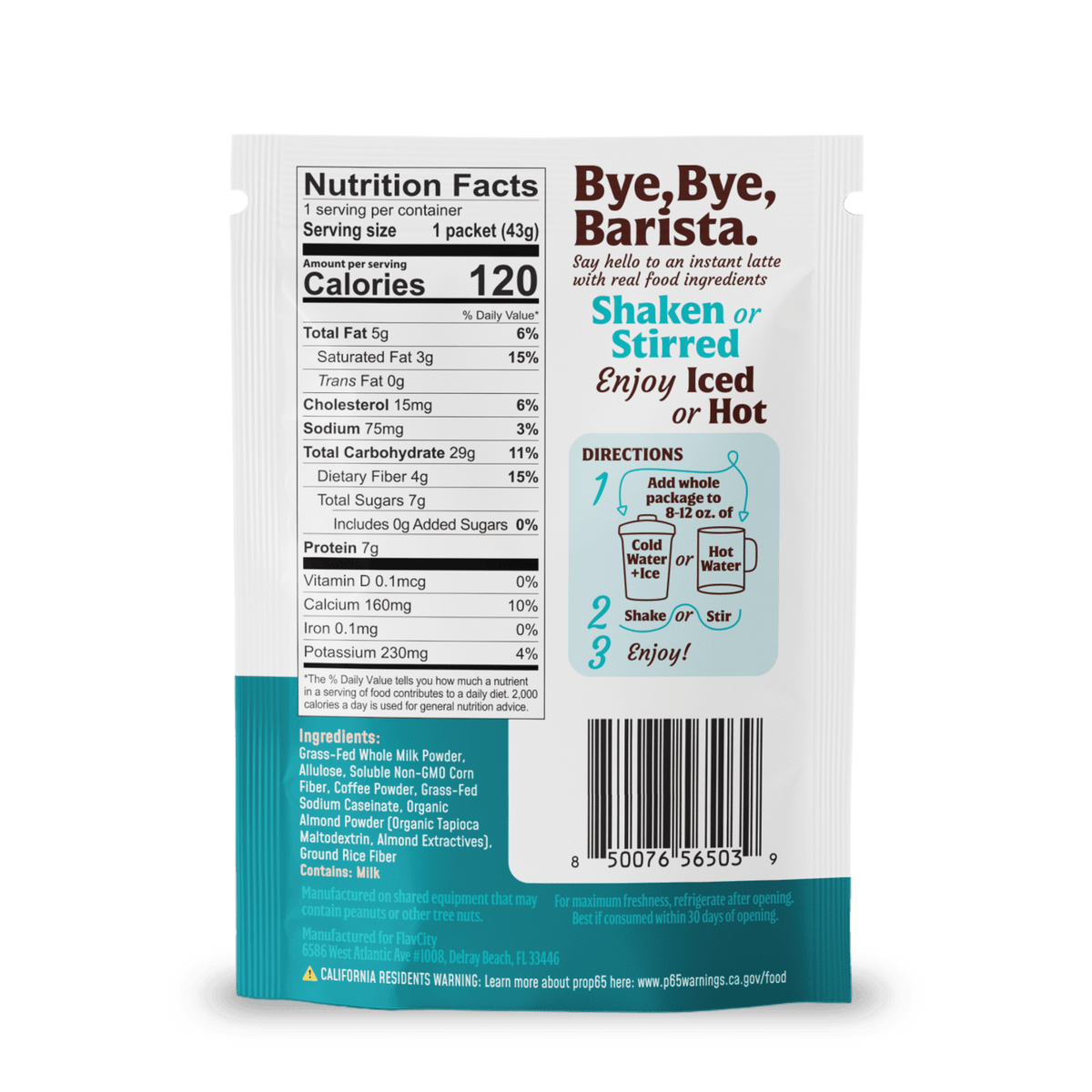 The back of a FlavCity Cafe Café 10-Pack of Single Serves lists nutrition facts, latte directions with milk or water using real ingredients, shake/stir instructions, and notes that each single-serve packet contains 120 calories.