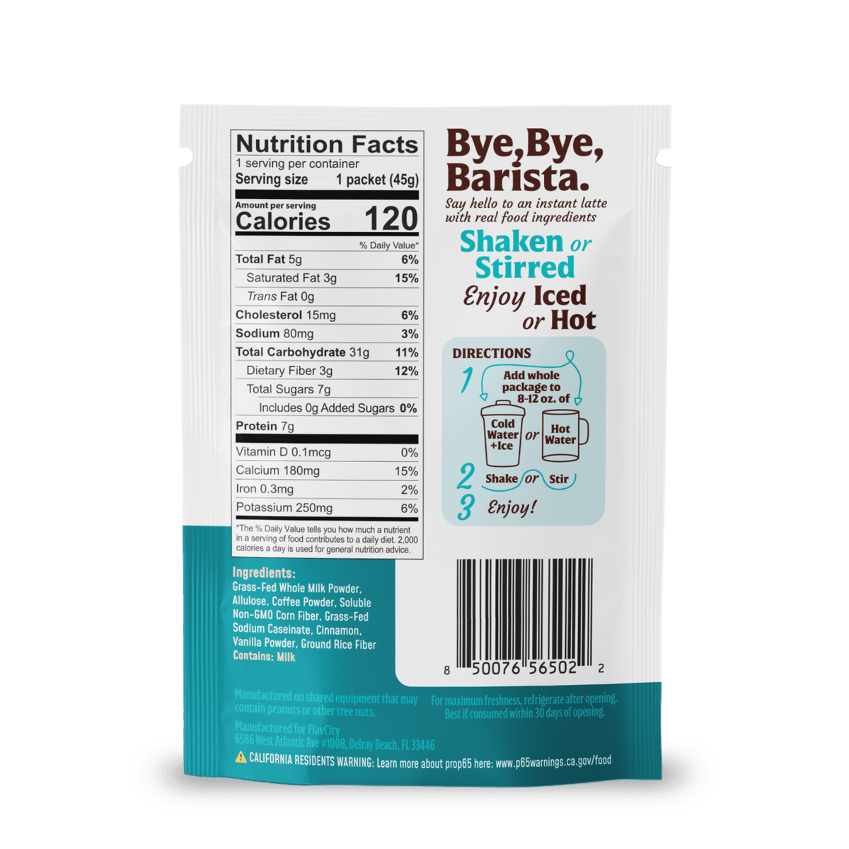 Back of a FlavCity Cafe 10-Pack of Single Serves shows nutrition info, real ingredients, and latte directions. Text reads Bye, Bye, Barista. Enjoy café flavors iced or hot with an easy three-step guide and barcode.