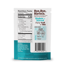 Back of a FlavCity Cafe “Café 10-Pack of Single Serves” beverage mix packet showing nutrition facts, real ingredients, café flavors, prep directions for iced or hot drinks, and the product name in bold at the top. Barcode at the bottom.