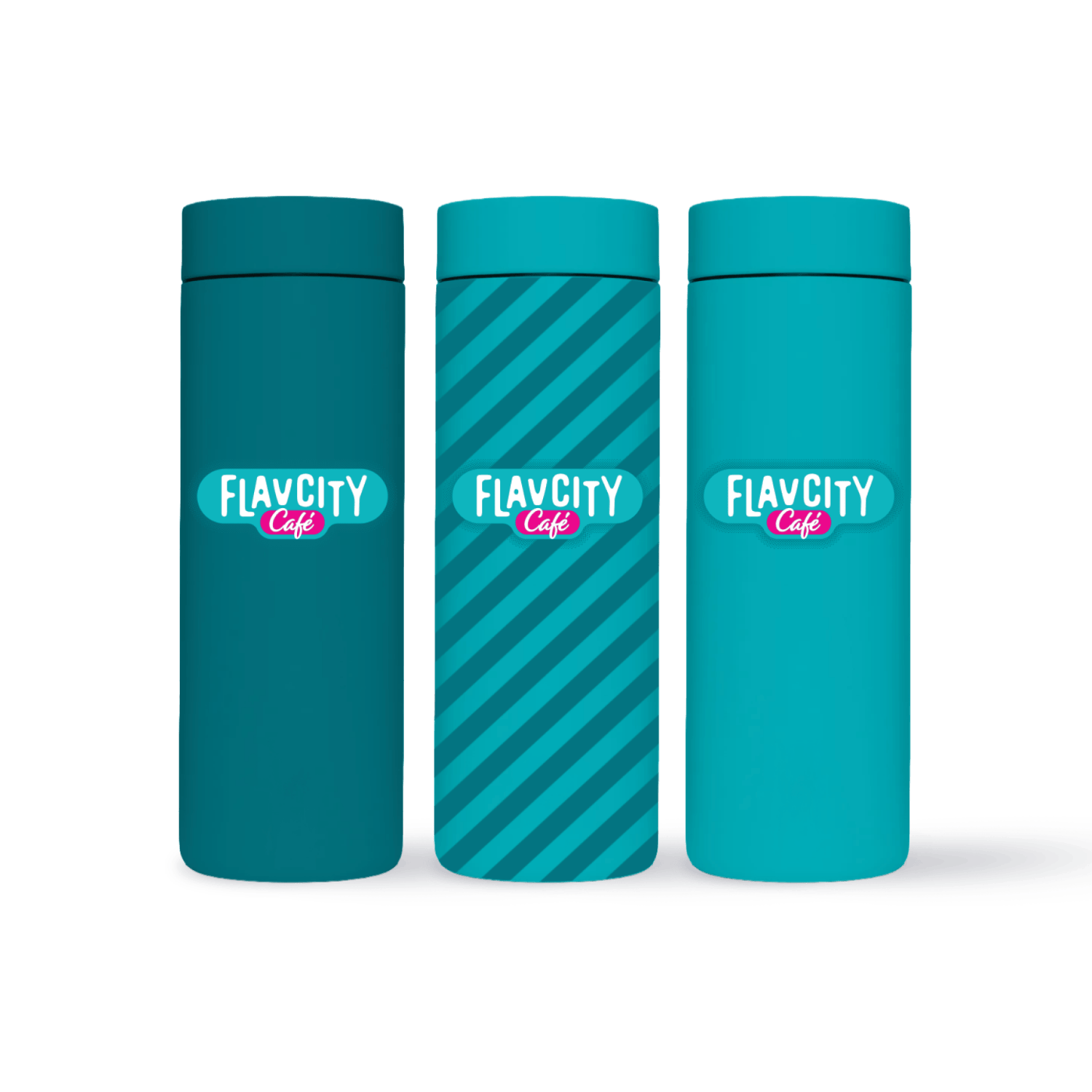Three teal Hot Tumbler 16oz cups from FlavCity Cafe—two solid, one with diagonal stripes—feature cylindrical designs and matching leakproof lids for mess-free sipping on the go, each displaying the FlavCity Cafe logo.