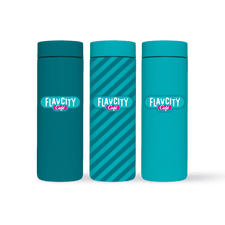 Three teal Hot Tumbler 16oz cups from FlavCity Cafe—two solid, one with diagonal stripes—feature cylindrical designs and matching leakproof lids for mess-free sipping on the go, each displaying the FlavCity Cafe logo.