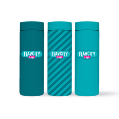 Three teal Hot Tumbler 16oz cups from FlavCity Cafe—two solid, one with diagonal stripes—feature cylindrical designs and matching leakproof lids for mess-free sipping on the go, each displaying the FlavCity Cafe logo.