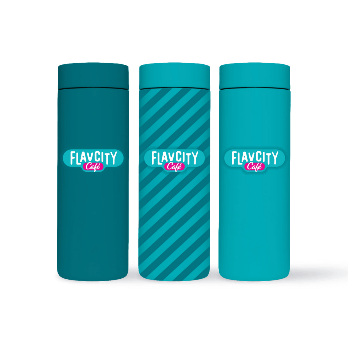 Three teal Hot Tumbler 16oz cups from FlavCity Cafe—two solid, one with diagonal stripes—feature cylindrical designs and matching leakproof lids for mess-free sipping on the go, each displaying the FlavCity Cafe logo.