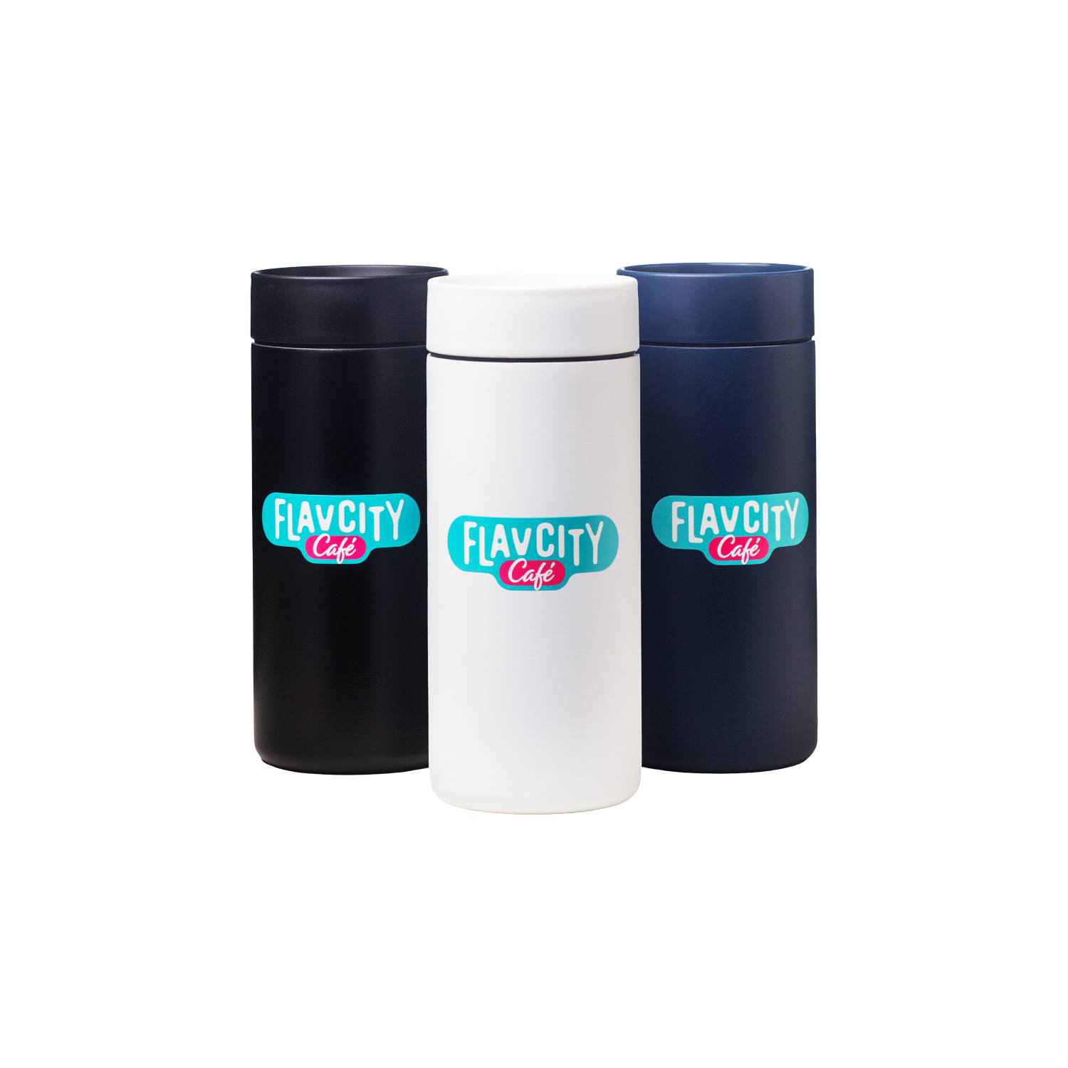 Three insulated FlavCity Cafe Hot Tumblers—two navy blue and one white—stand side by side against a crisp white background, each featuring a vibrant logo, combining stainless steel style with easy hydration.