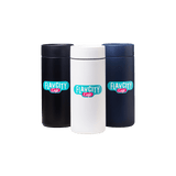 Three FlavCity Cafe Hot Tumbler 12oz mugs in black, white, and dark blue, each with a “FlavCity Cafe” logo on the front, stand upright side by side on a plain white background.