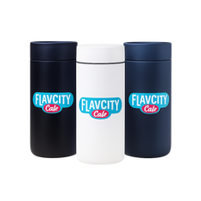 Three insulated FlavCity Cafe Hot Tumblers—two navy blue and one white—stand side by side against a crisp white background, each featuring a vibrant logo, combining stainless steel style with easy hydration.