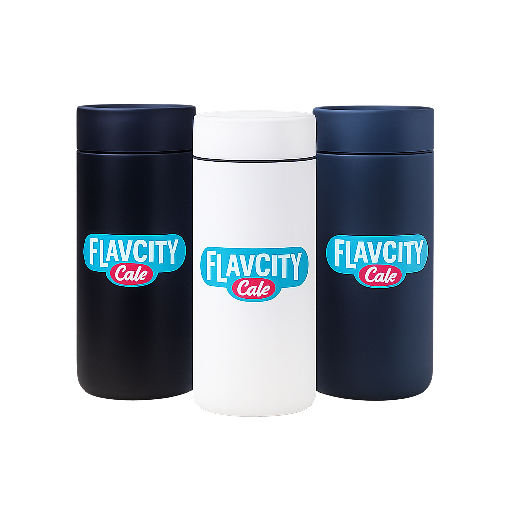 Three insulated FlavCity Cafe Hot Tumblers—two navy blue and one white—stand side by side against a crisp white background, each featuring a vibrant logo, combining stainless steel style with easy hydration.
