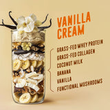 A Shop FlavCity Protein Smoothie Starter Kit shaker bottle, layered with whey protein, collagen, coconut milk, banana slices, vanilla pods, and mushrooms sits next to text highlighting these complete meals.