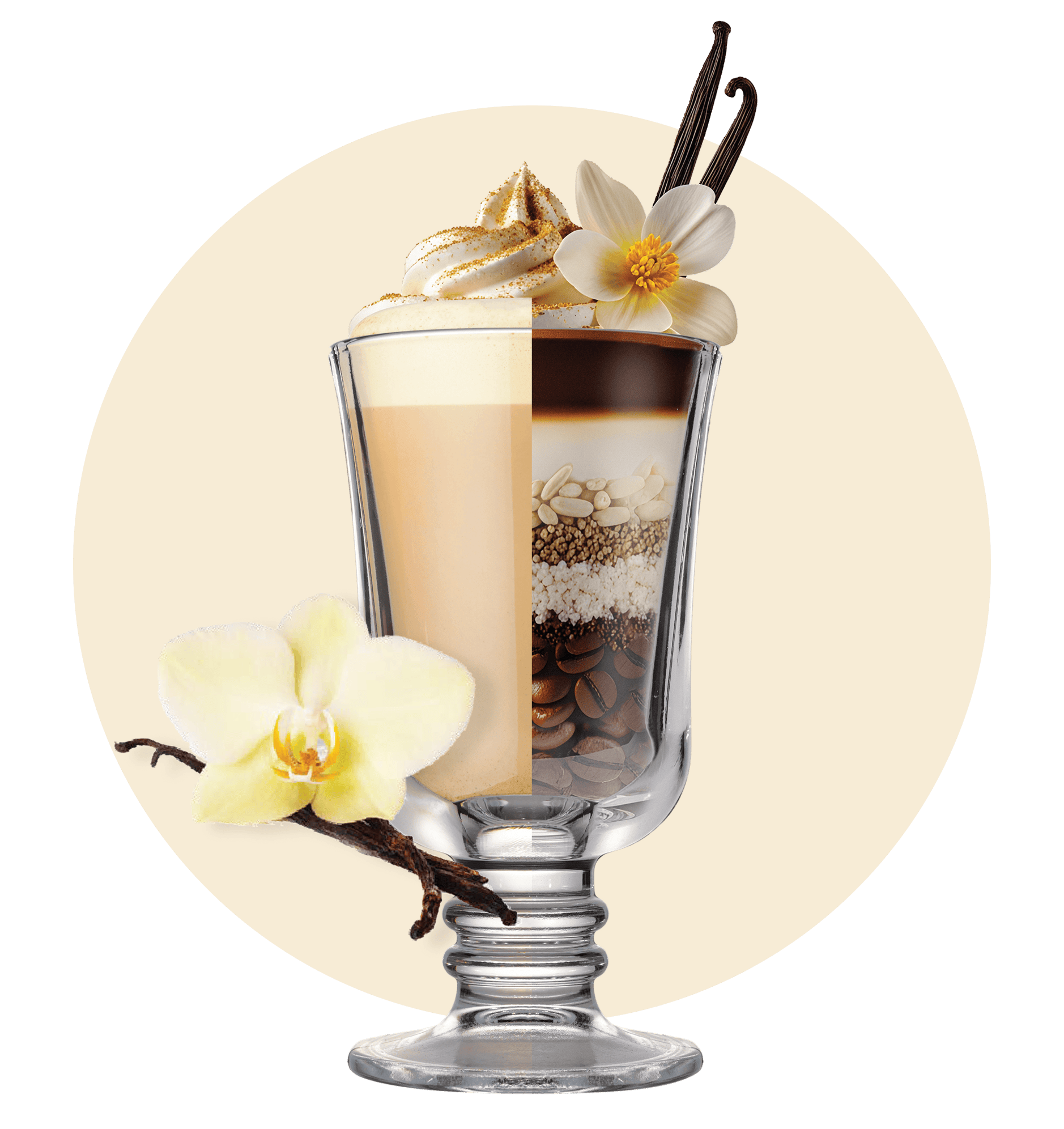 Glass with layered drink, vanilla beans, and flowers on a beige background