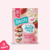 A pouch of FlavCity Strawberry Banana Protein Smoothie Packets featuring an image of a smoothie glass layered with fruit, labeled with 25g of protein and 10g of collagen.