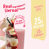 A glass filled with strawberries, banana slices, and protein powder for Strawberry Banana Protein Smoothie Packets, with text stating Real Ingredients Unreal Flavor, All of this in one packet, and 25g Protein, 10g Collagen per serving.