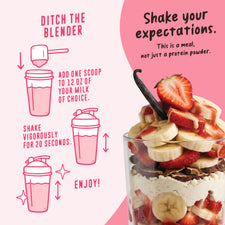A glass layered with Shop FlavCity Strawberry Banana Protein Smoothie Packets powder, sliced bananas, strawberries, and a vanilla bean, next to an illustrated guide on mixing the powder with milk in a shaker bottle.