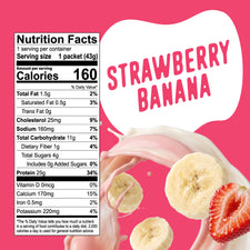 A Nutrition Facts label next to the Strawberry Banana Protein Smoothie Packets logo, featuring banana slices and a strawberry splashing into a pink smoothie.