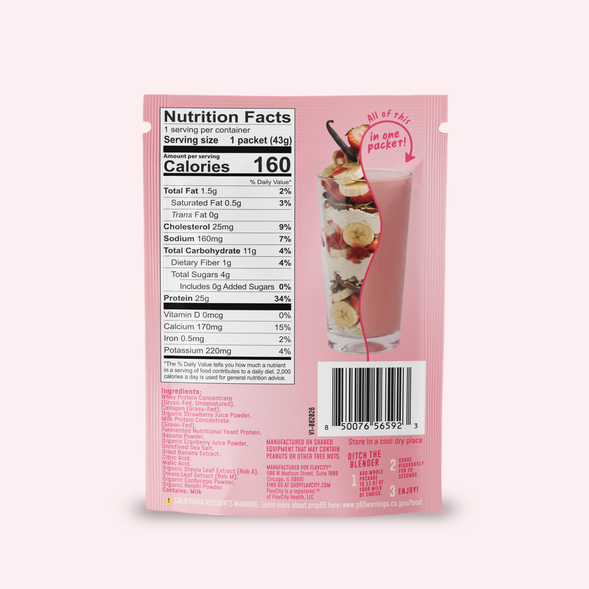 A single-serve Shop FlavCity Strawberry Banana Protein Smoothie packet featuring a nutrition facts label and an image of a glass of strawberry banana smoothie.