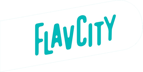 Logo with the word FlavCity in bold, teal letters on a white, rounded rectangular background with the right side curved.