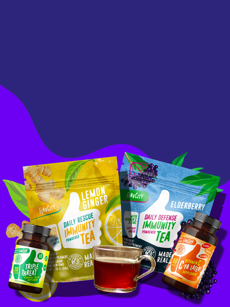 Three colorful tea and supplement packages labeled “Lemon Ginger,” “Elderberry,” and “Triple Threat,” a glass mug of tea, and two vitamin bottles are arranged against a vibrant purple background with leaf accents.