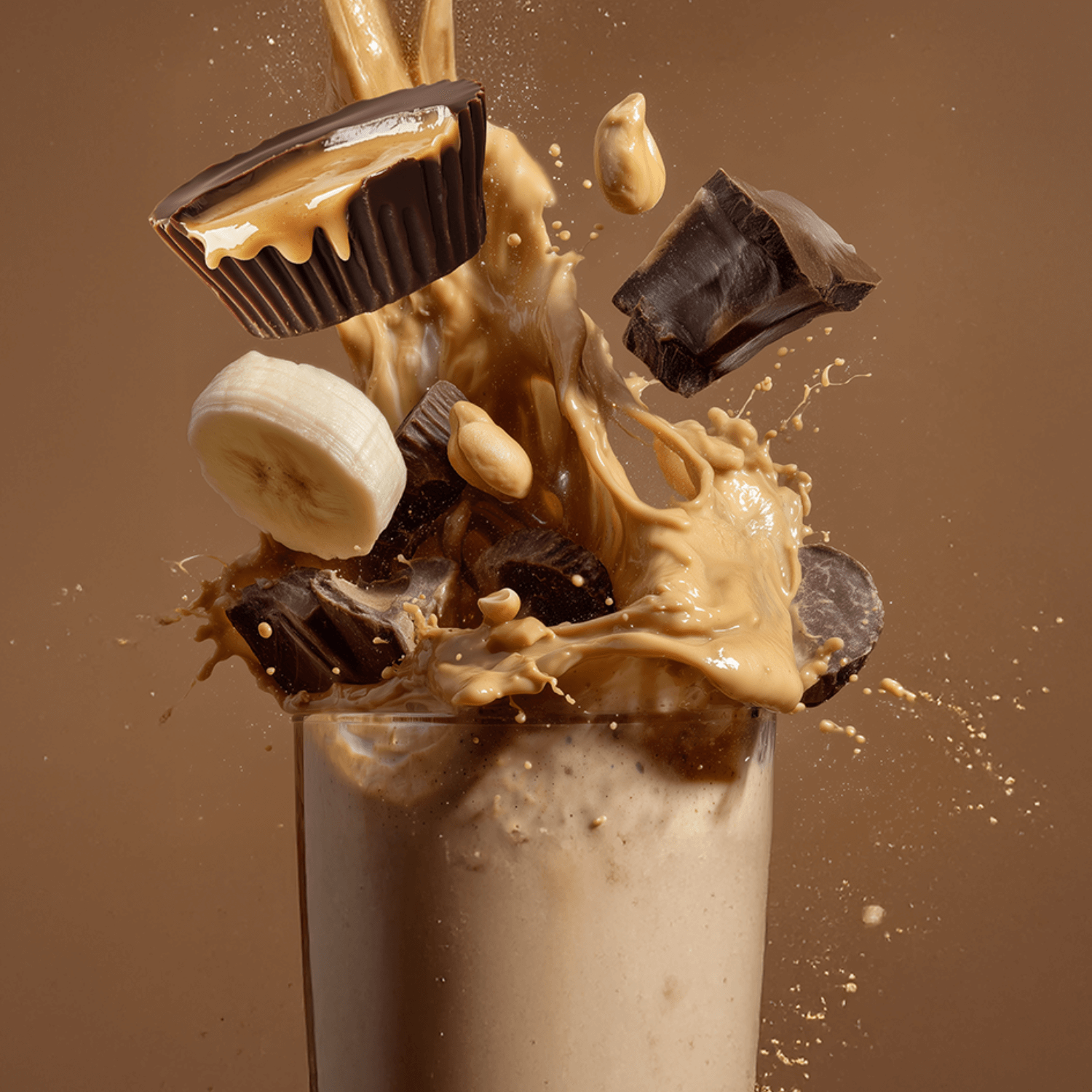 A glass of smoothie with peanut butter, chocolate, banana slices, and peanuts dramatically splashing and flying above it, set against a brown background.