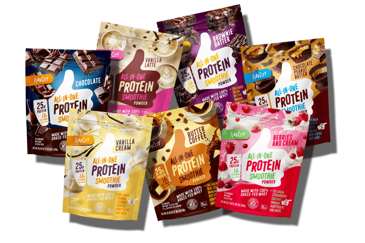 Six colorful bags of FaWorry All-in-One Protein Smoothie powder in various flavors, including chocolate, vanilla latte, brownie batter, vanilla cream, butter cookie, and berries & cream, displayed on a white background.
