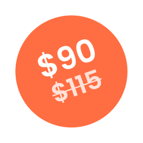 Orange circle with white text showing prices $90 and $115.