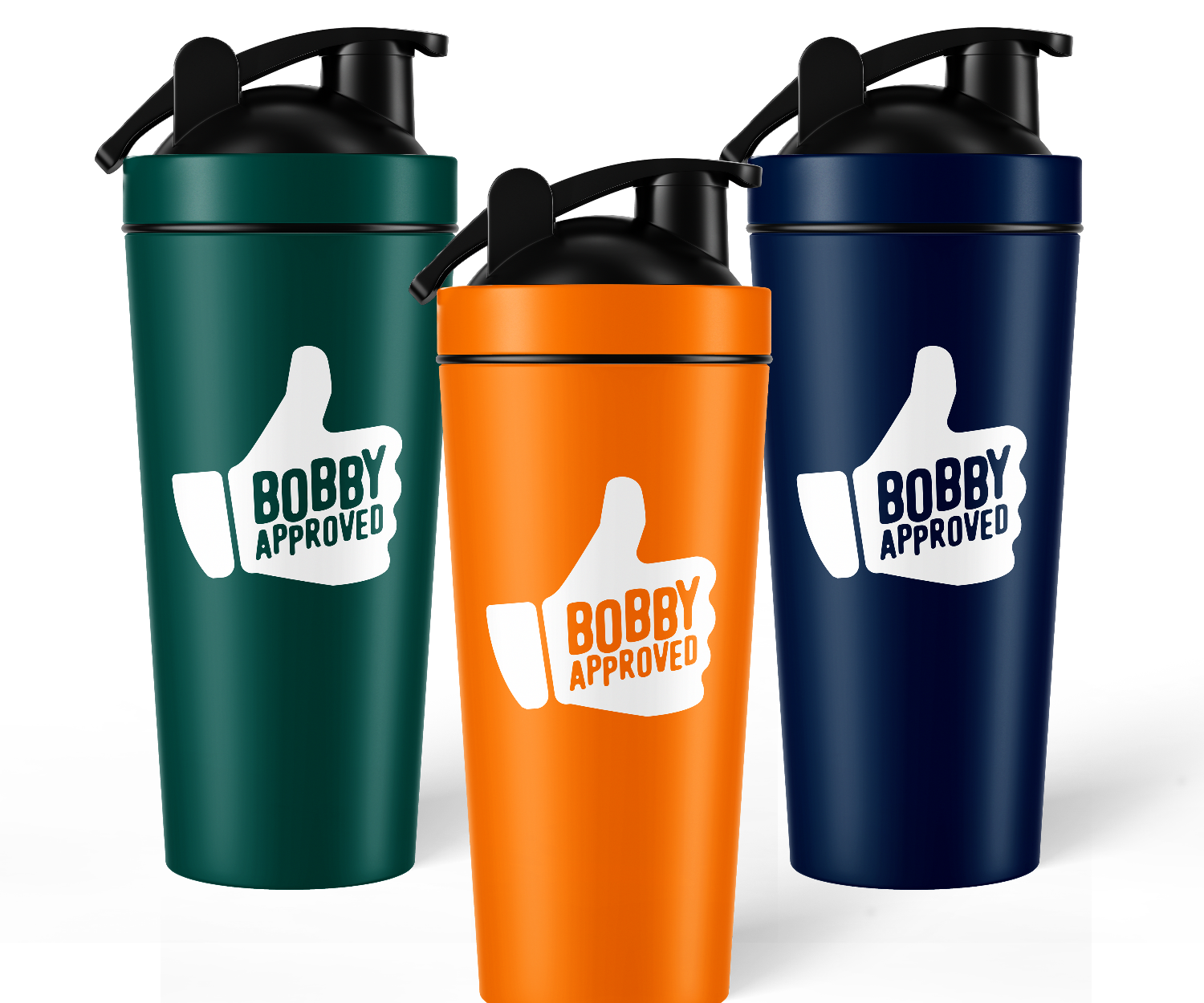 Three tumblers in green, orange, and navy with 'Bobby Approved' logo on a white background