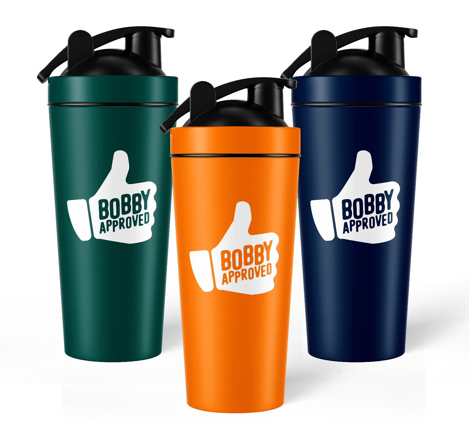Three tumblers in green, orange, and navy with 'Bobby Approved' logo on a white background