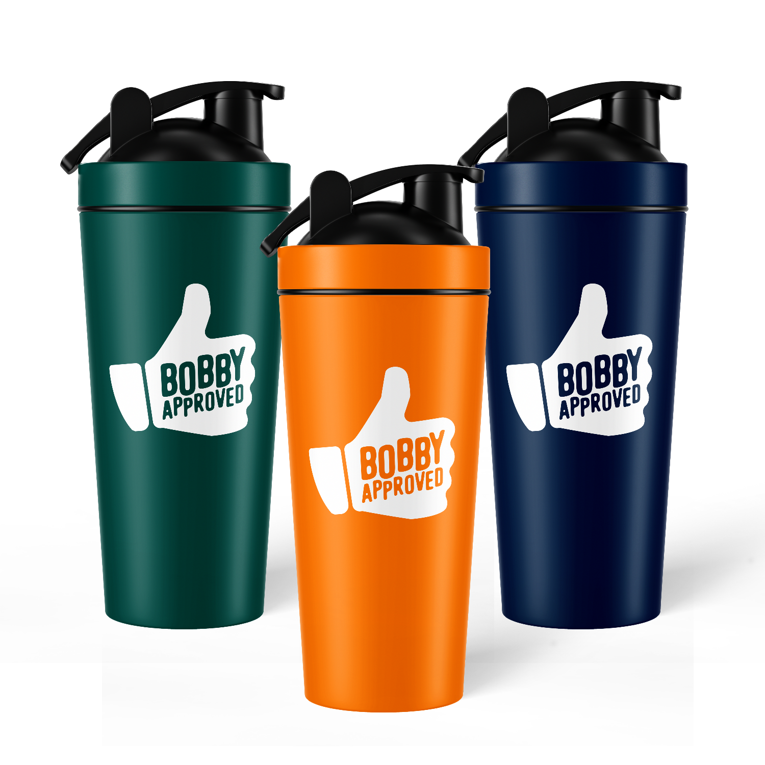 Three tumblers in green, orange, and navy with 'Bobby Approved' logo on a white background