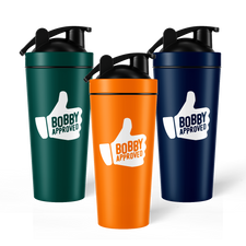 Three tumblers in green, orange, and navy with 'Bobby Approved' logo on a white background