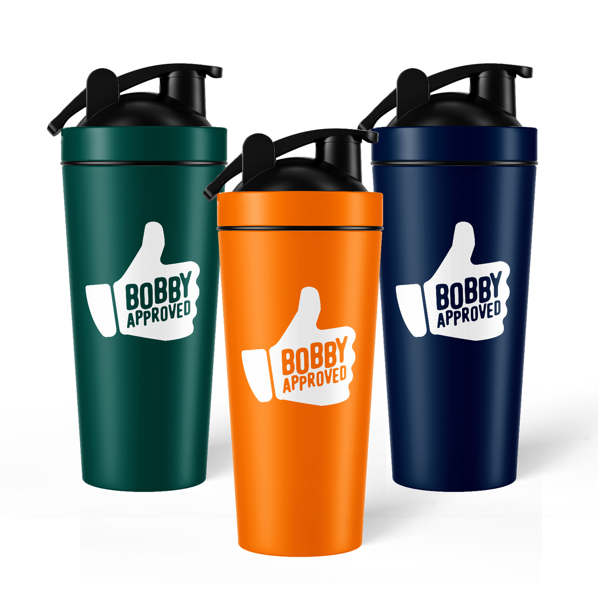 Three tumblers in green, orange, and navy with 'Bobby Approved' logo on a white background