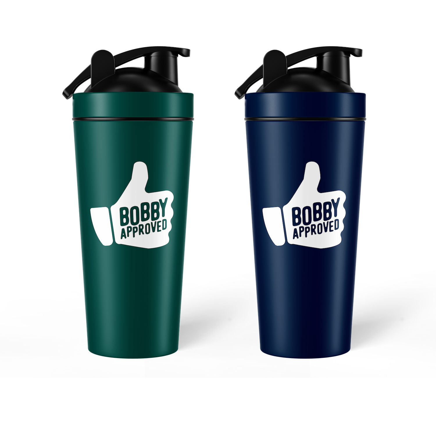 Two Shop FlavCity FlavCity Shaker Bottles—one dark green, one dark blue—each with a white thumbs-up and BOBBY APPROVED on the front. Perfect for smoothies.