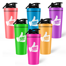 Set of six colorful shaker bottles with black lids, each featuring a white thumbs-up graphic and the text ‘Bobby Approved.’ Bottles are displayed in coral, blue, purple, green, pink, and orange colors on a white background.