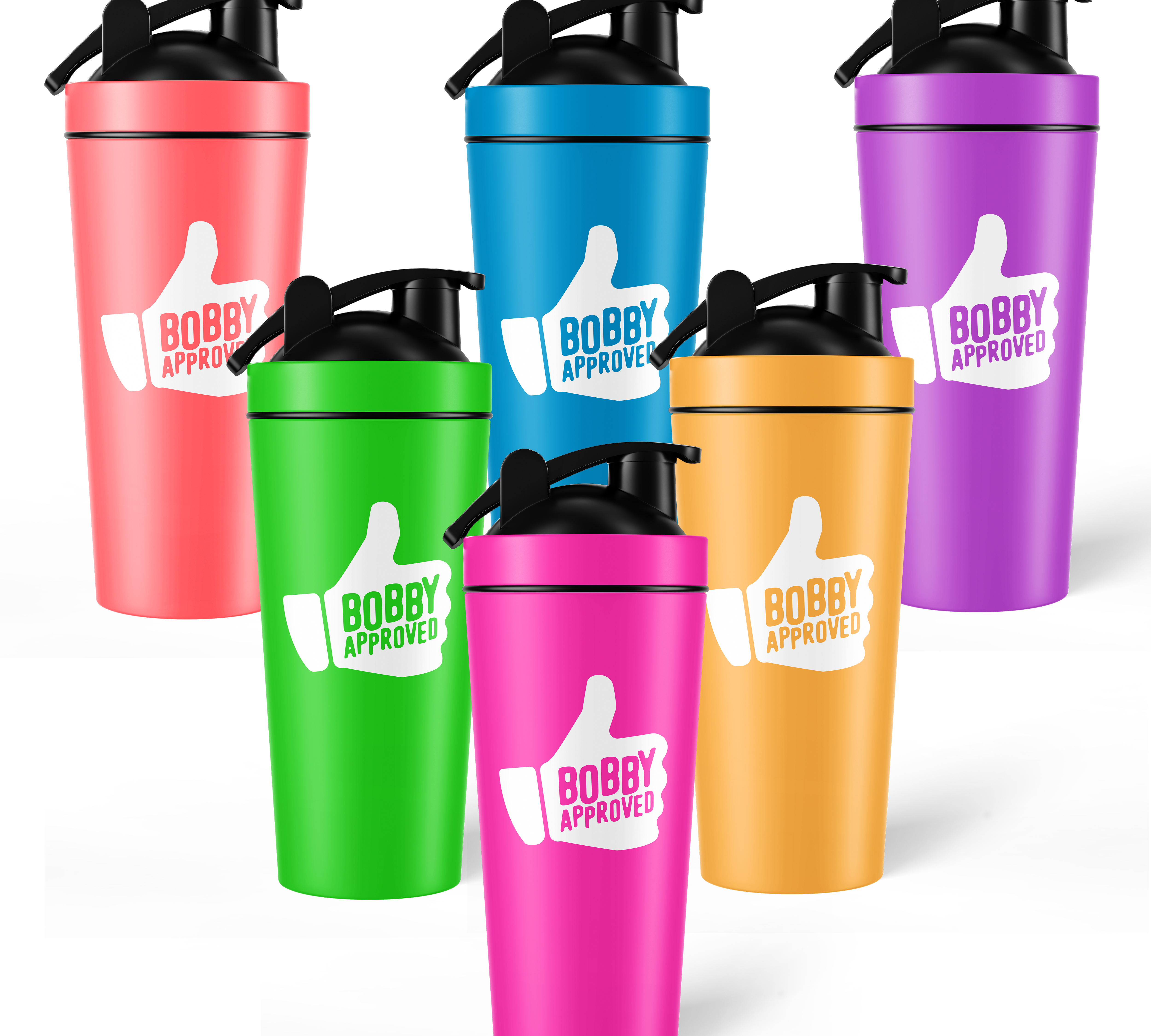 Set of six colorful shaker bottles with black lids, each featuring a white thumbs-up graphic and the text ‘Bobby Approved.’ Bottles are displayed in coral, blue, purple, green, pink, and orange colors on a white background.