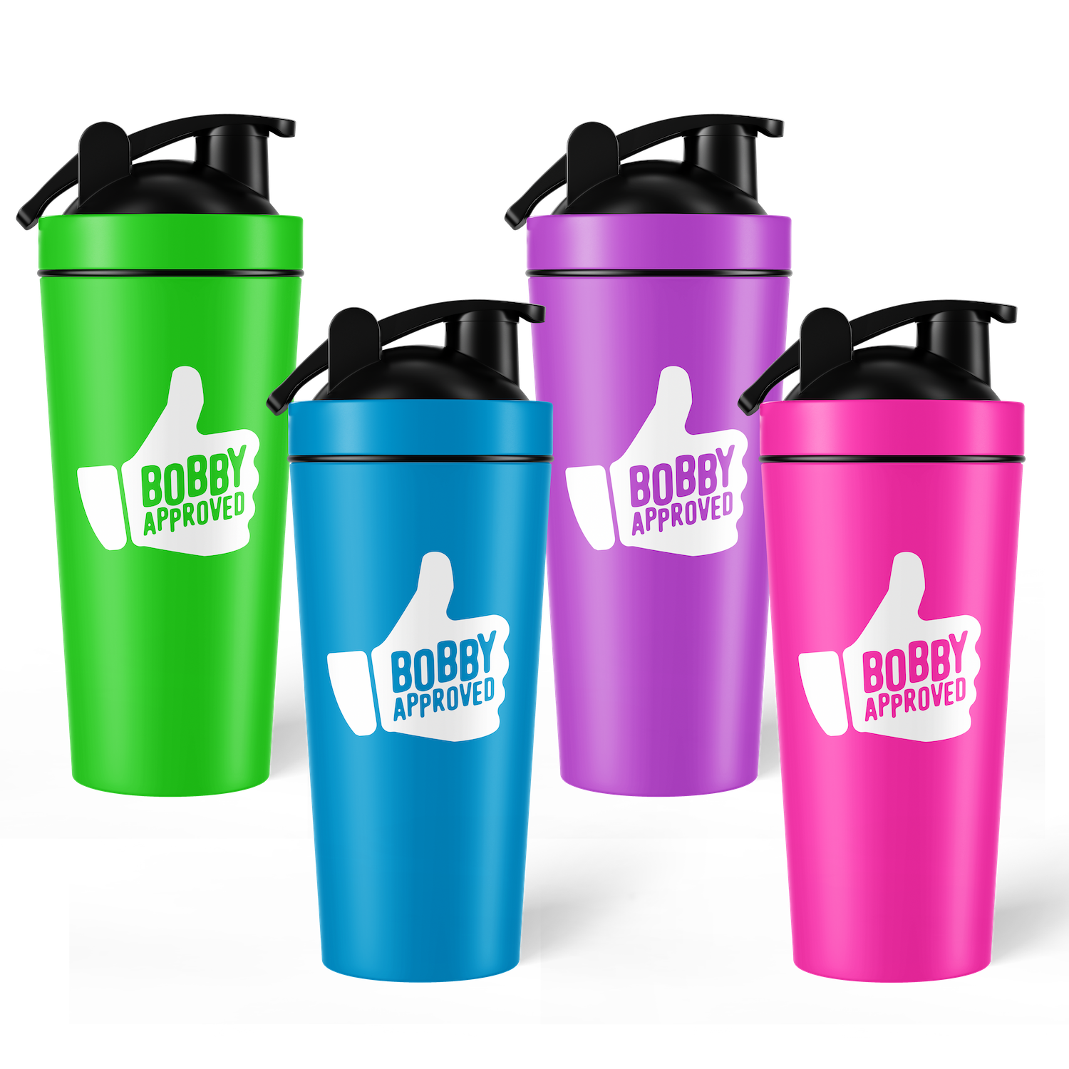 Four colorful shaker bottles—green, blue, purple, and pink—each with a black lid and a white thumbs-up logo that says “Bobby Approved” on the front