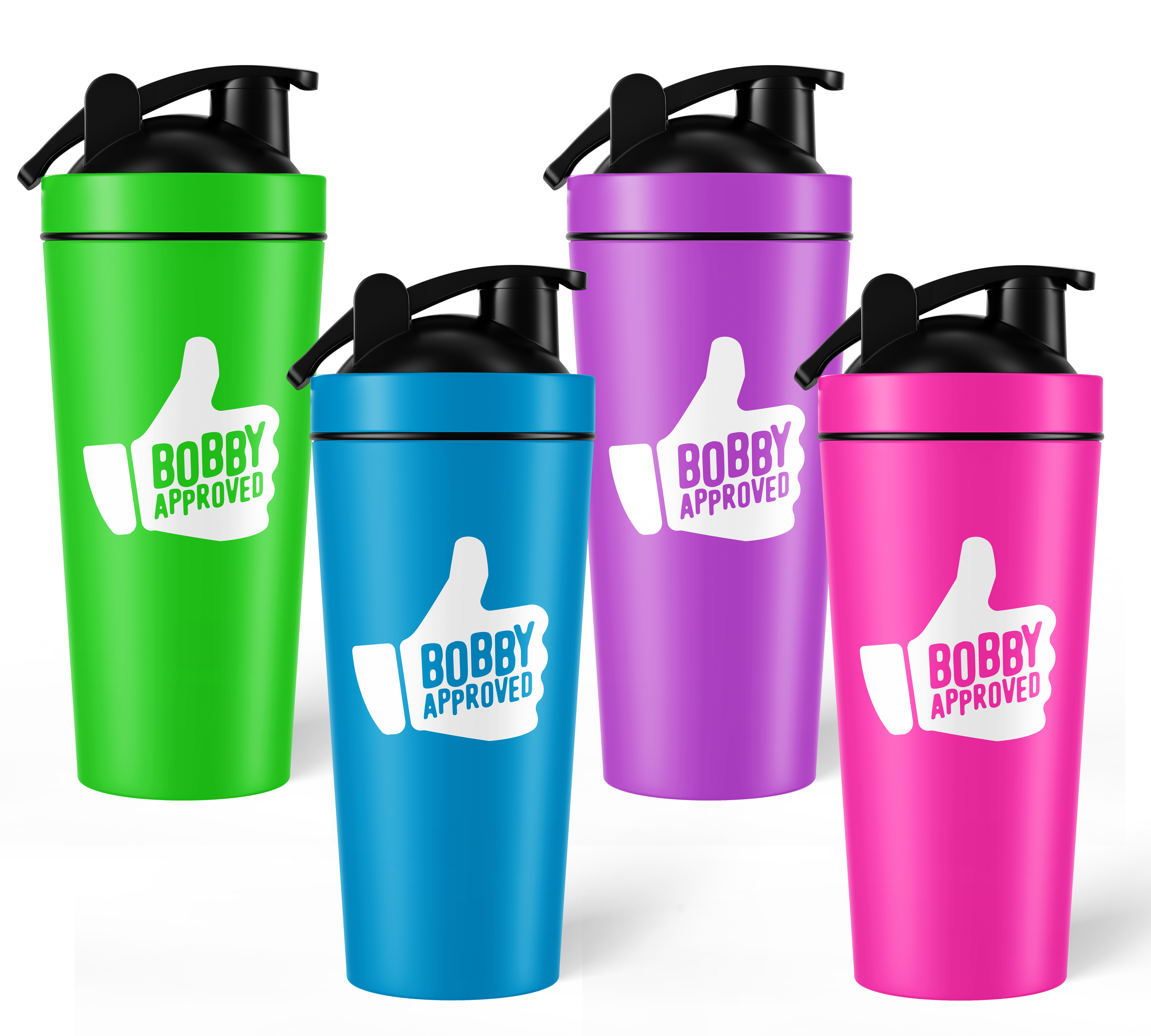 Four colorful shaker bottles—green, blue, purple, and pink—each with a black lid and a white thumbs-up logo that says “Bobby Approved” on the front