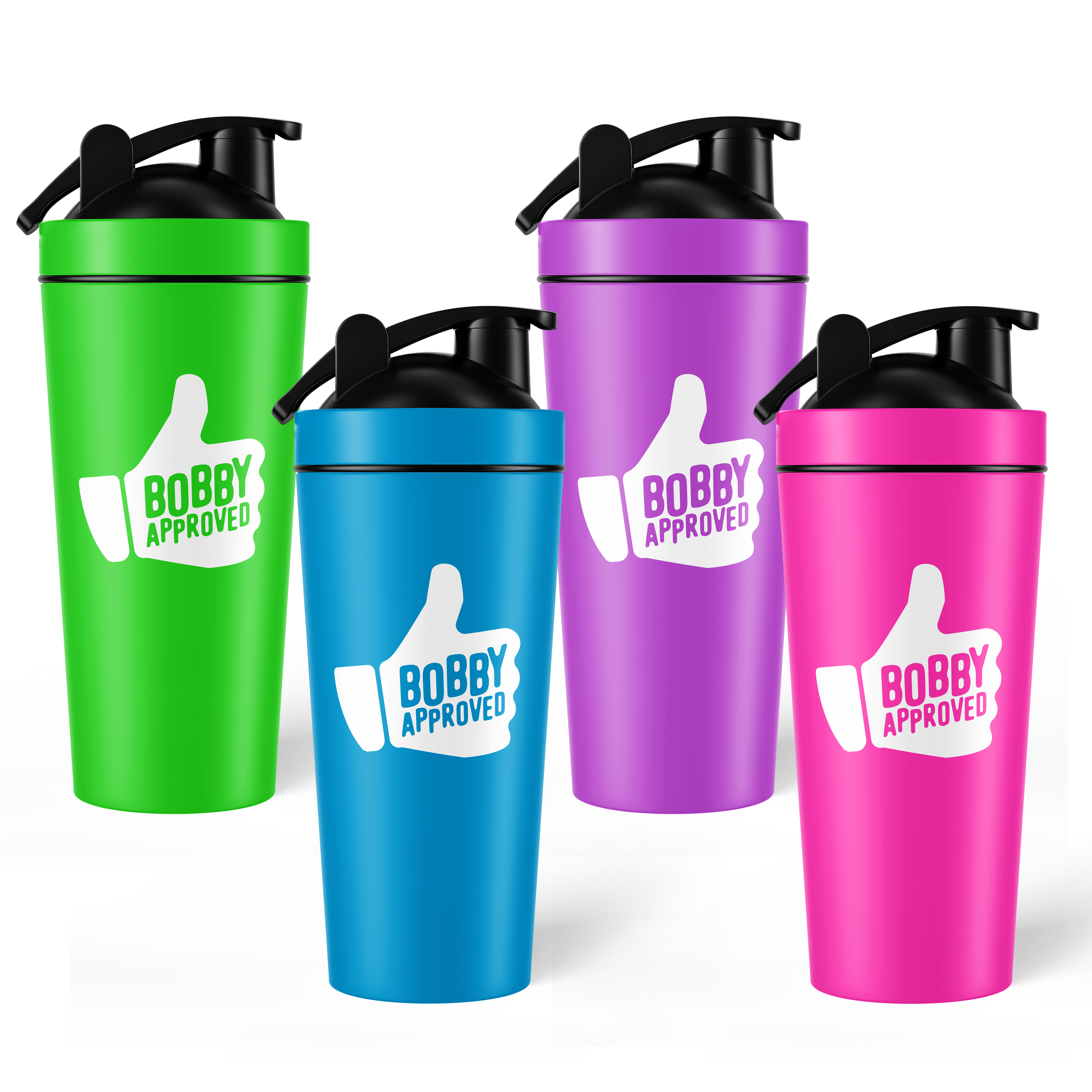 Four colorful shaker bottles—green, blue, purple, and pink—each with a black lid and a white thumbs-up logo that says “Bobby Approved” on the front