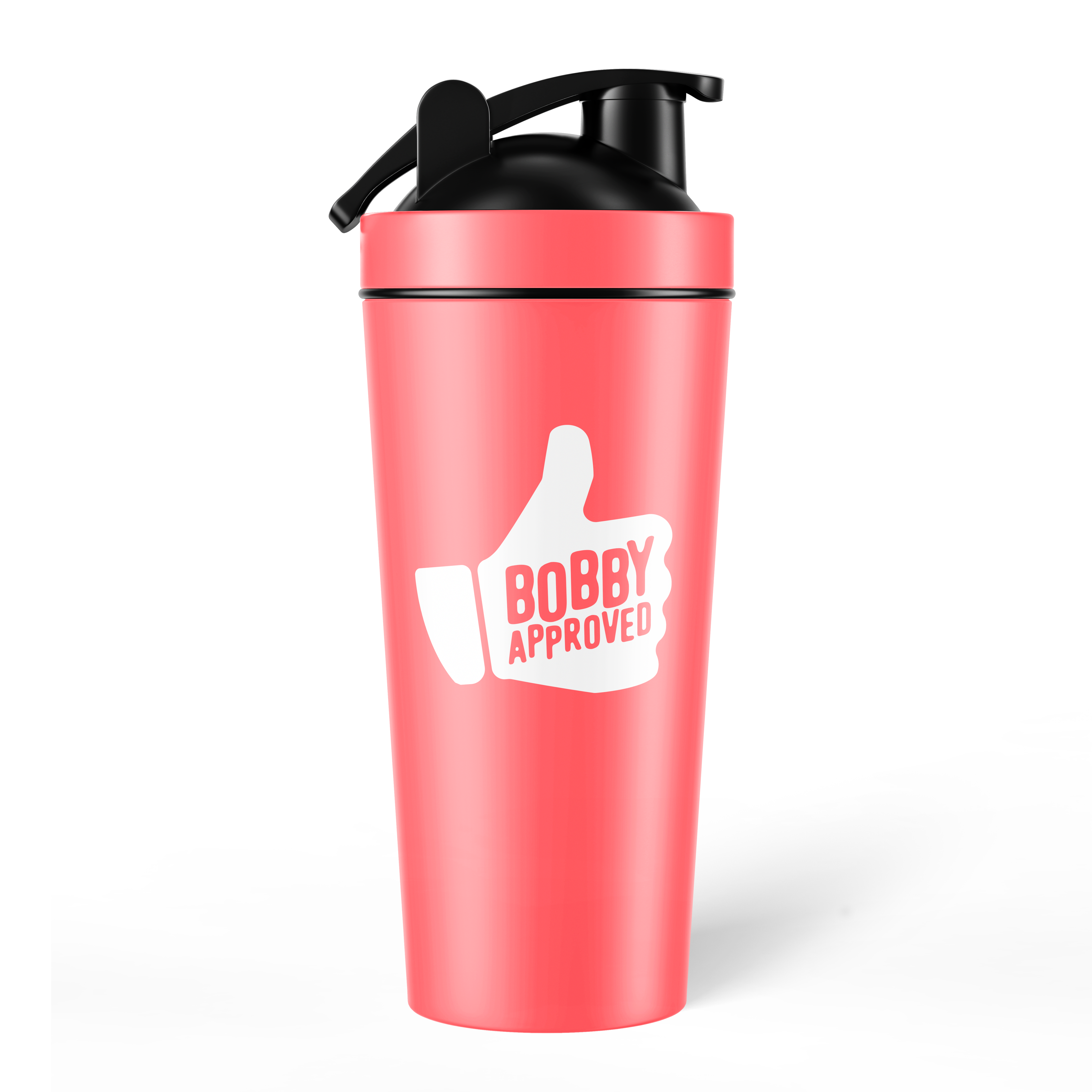 Coral-colored shaker bottle with a black lid, displaying a white thumbs-up icon and the words ‘Bobby Approved’ on the front, set against a white background