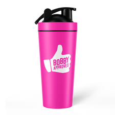 Bright pink shaker bottle with a black lid, featuring a white thumbs-up symbol and the text ‘Bobby Approved’ on the front, shown on a white background.