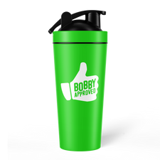 Vibrant green shaker bottle with a black lid, displaying a white thumbs-up graphic and the phrase ‘Bobby Approved’ on the front, set against a white background.