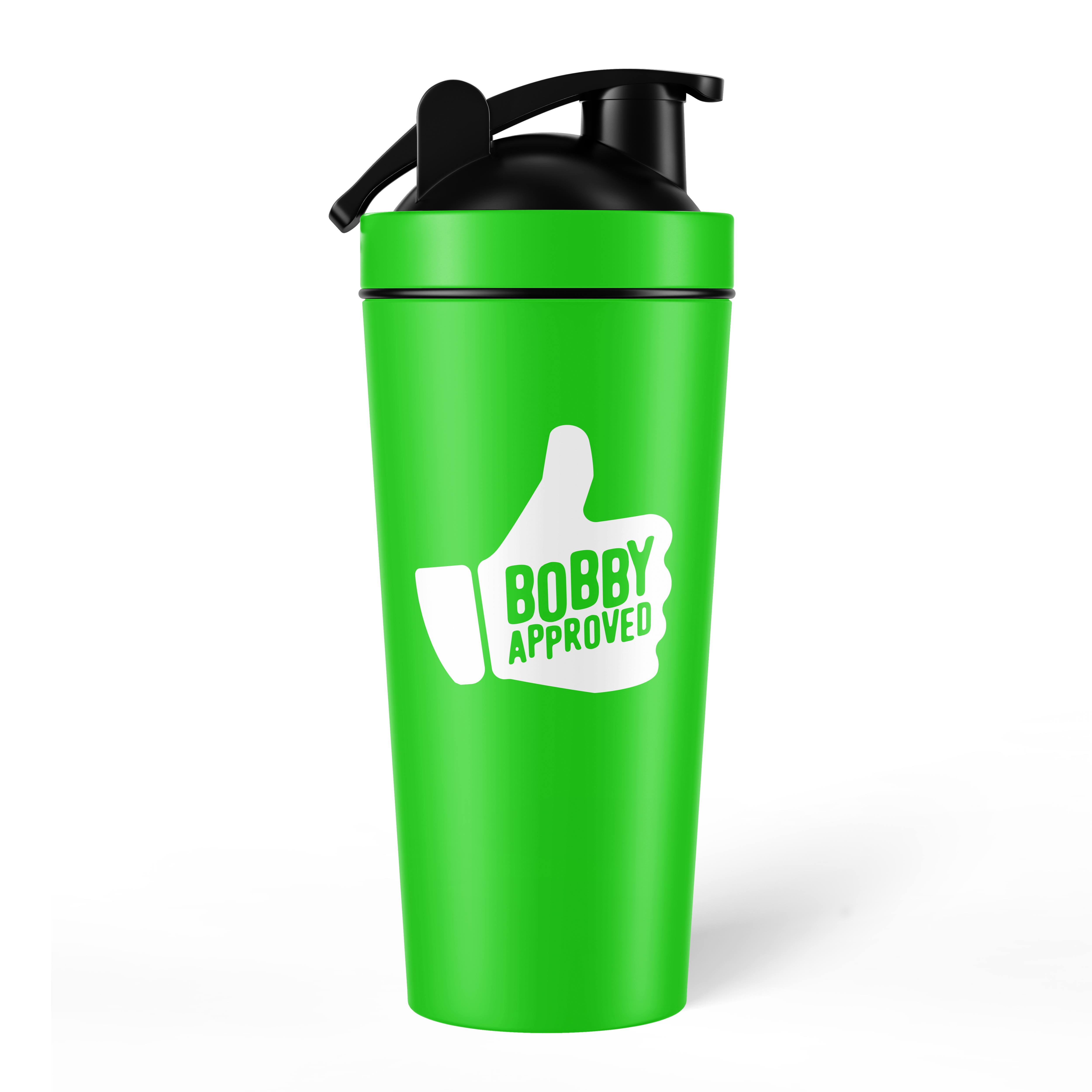 Vibrant green shaker bottle with a black lid, displaying a white thumbs-up graphic and the phrase ‘Bobby Approved’ on the front, set against a white background.