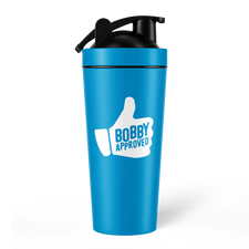 Blue shaker bottle with a black lid, featuring a white thumbs-up icon and the words ‘Bobby Approved’ on the front, shown on a white background.