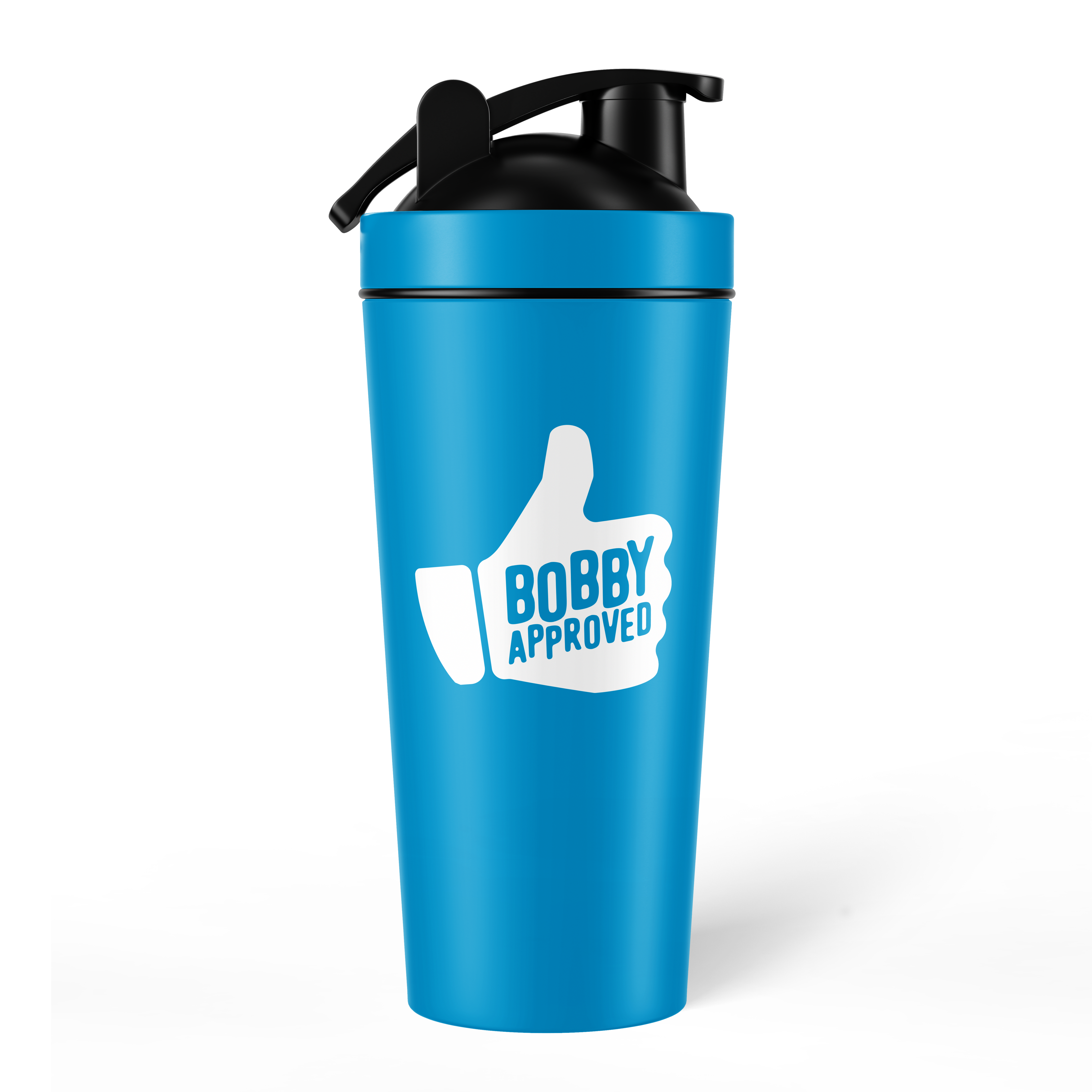 Blue shaker bottle with a black lid, featuring a white thumbs-up icon and the words ‘Bobby Approved’ on the front, shown on a white background.