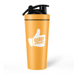 Orange shaker bottle with a black lid, displaying a white thumbs-up graphic and the text ‘Bobby Approved’ on the front, set against a white background.
